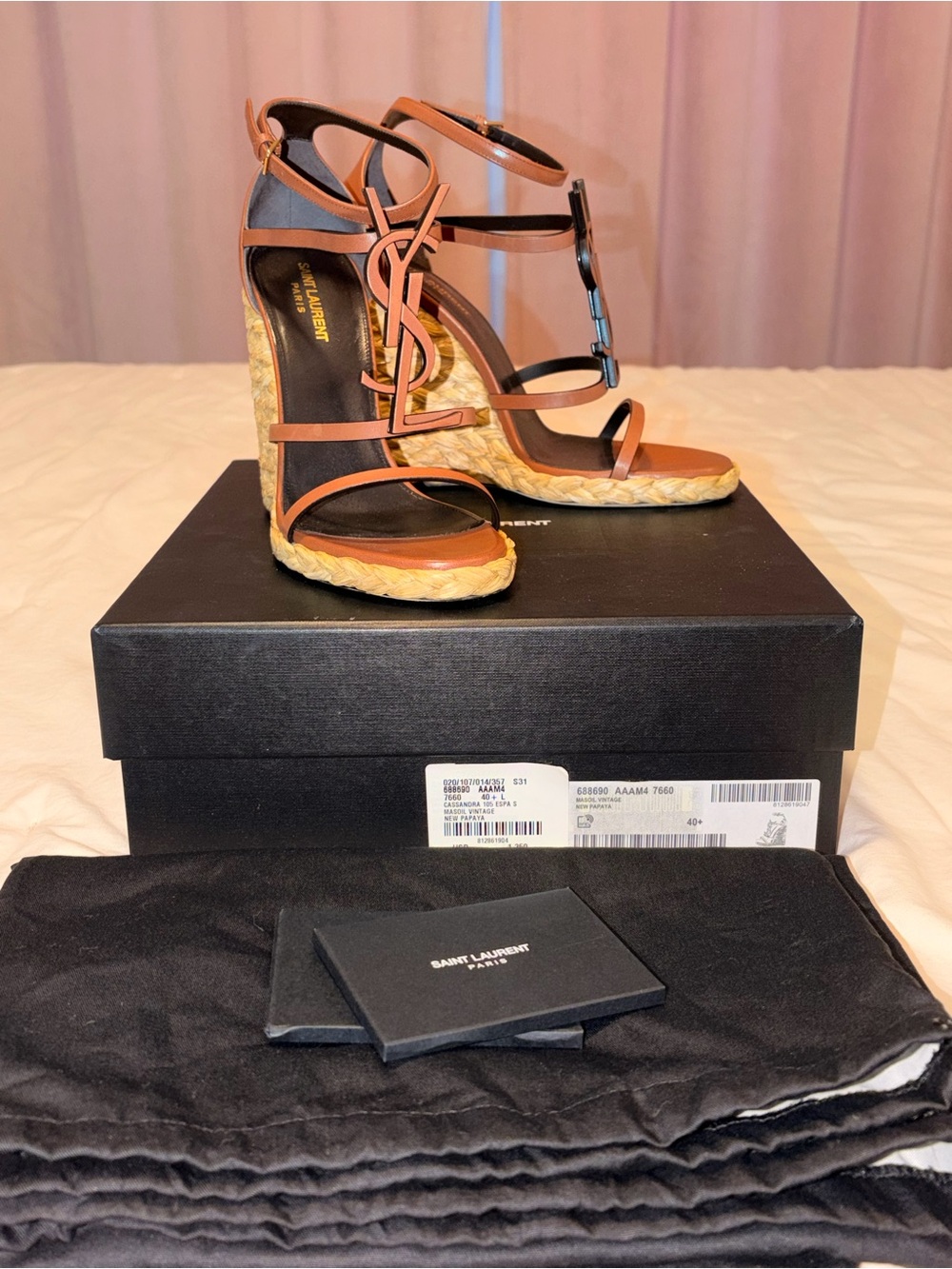 Saint Laurent Tan Brown Leather Wedge Espadrille Sandals